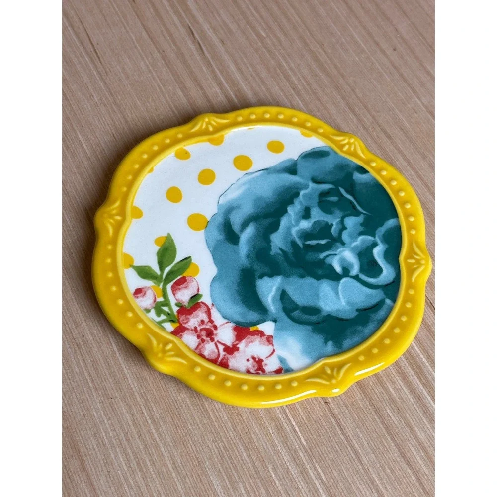 Pioneer Woman Stoneware Coaster Set/4 Floral Scalloped Edge Cork Back Farmhouse